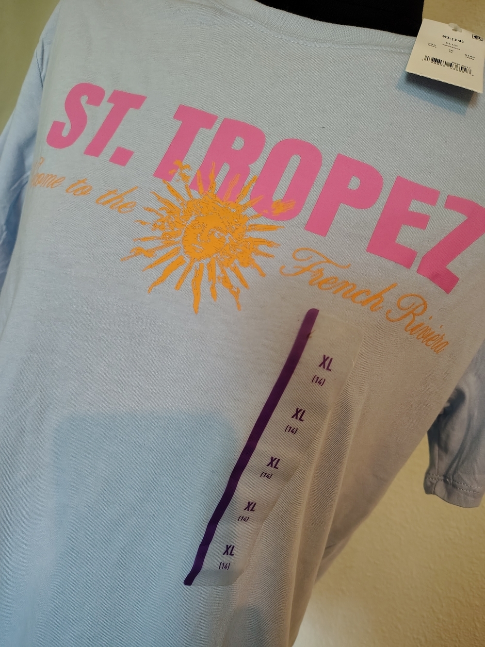 St. Tropez Sunny Graphic Tee in Light Blue Yellow Pink Women X-Large T-shirt NWT